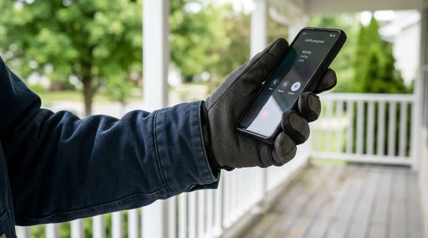 Gloved hand making a call on a phone