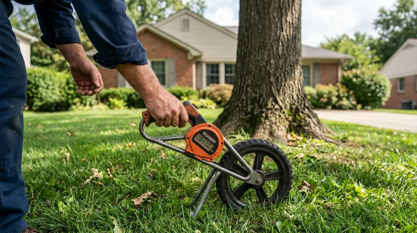 Worker measuring a lawn with a measuring wheel