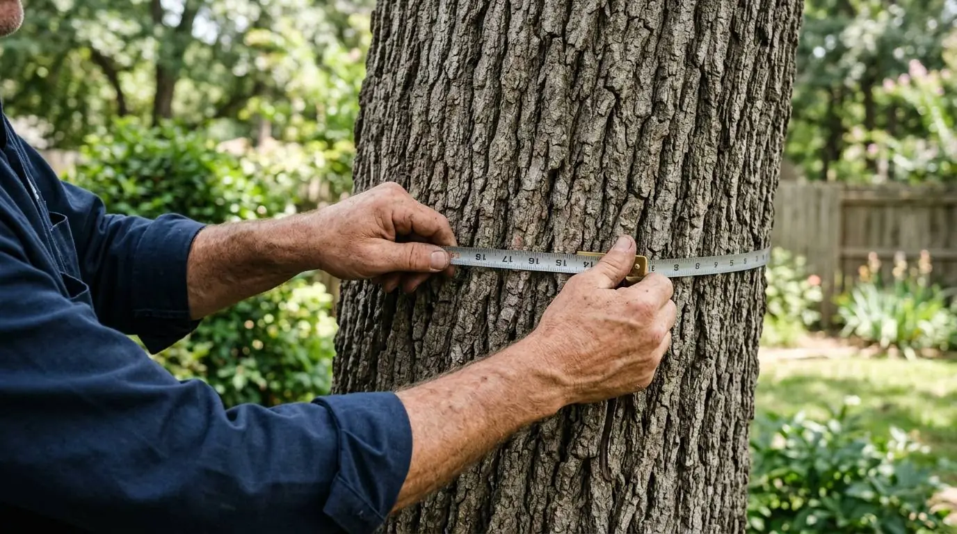Worker measuring a tree trunk with diameter tape