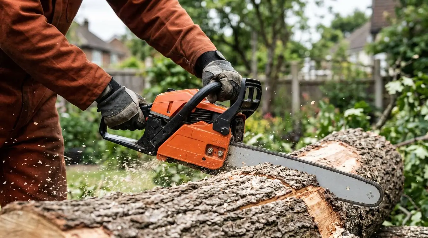 Worker safely cutting a log with a chainsaw