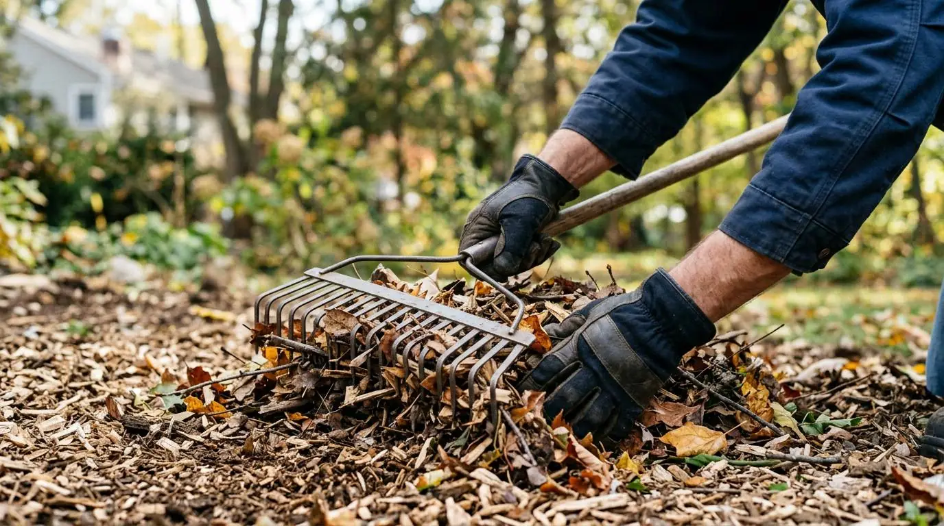 Worker raking debris during cleanup