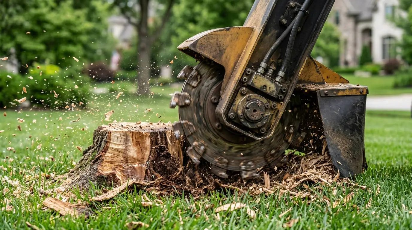 Close-up of a stump grinder removing a stump in a residential lawn