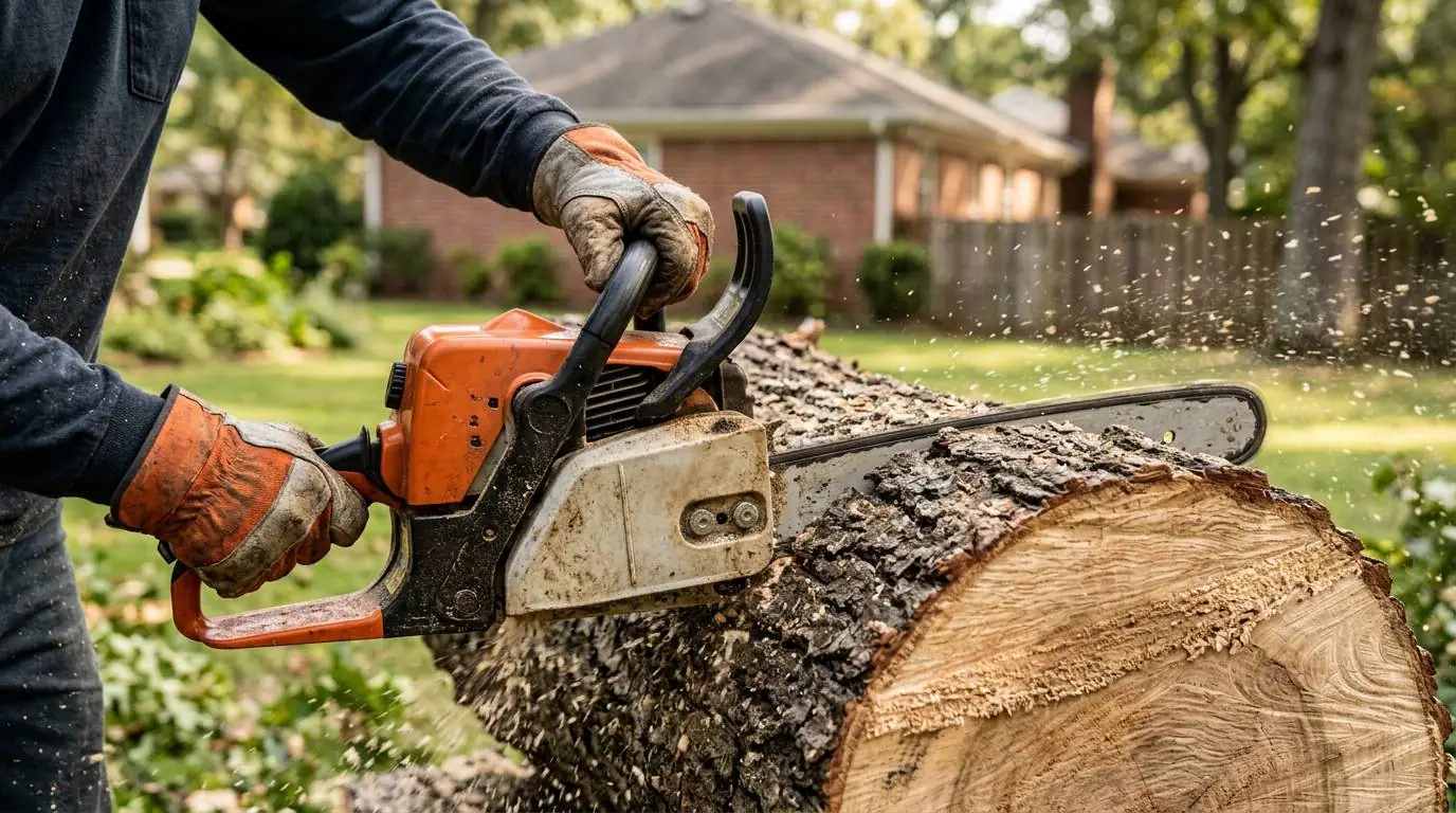 Close-up of a chainsaw cutting a tree trunk in a residential yard