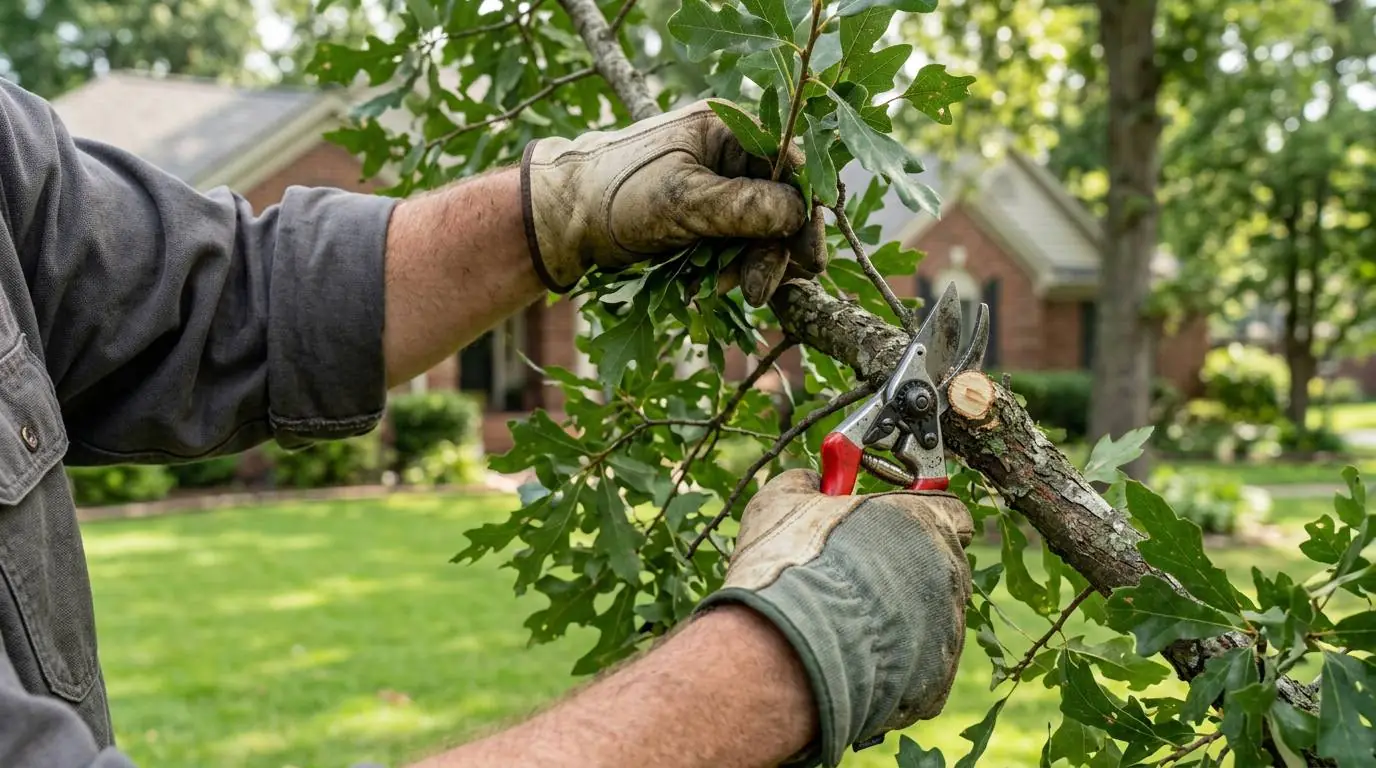 Close-up of a pole pruner trimming a branch in a residential landscape